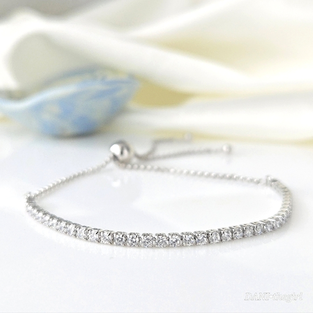 NEW White Gold Sterling Silver Bead Slider Tennis Bracelet - Picture 3 of 11